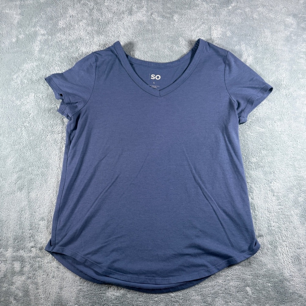 SO Goods For Life Womens V-Neck Short Sleeve T-Shirt Blue Size Large Curved Hem
